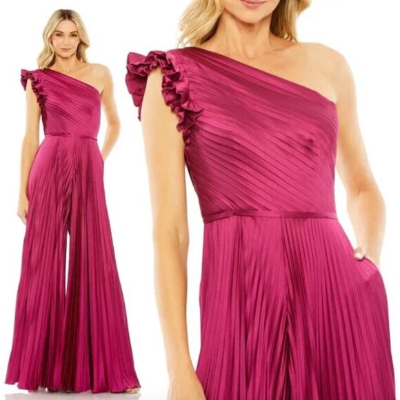 Mac Duggal Women's Ieena One Shoulder Charmeuse Heat Pleated Jumpsuit size 8 - Picture 2 of 5
